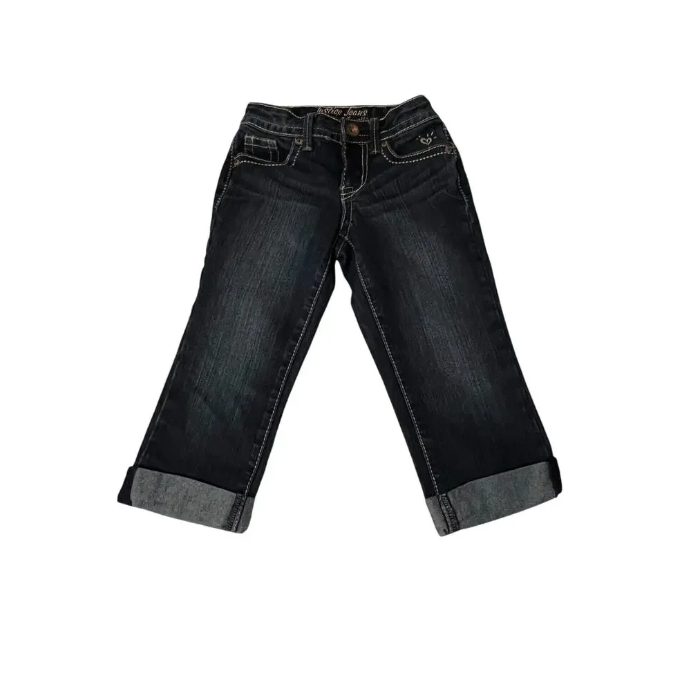 Justice Girls Jeans Size 8S Dark Wash Cuffed Hem Pockets Snap Close Lose Kids